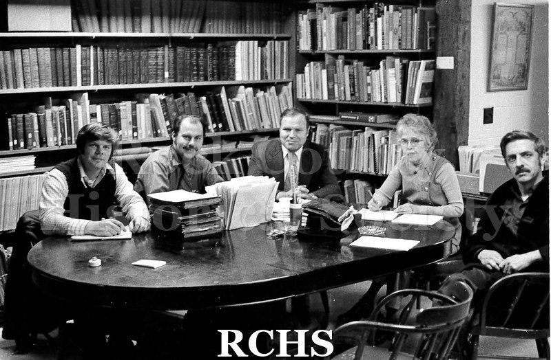 Black and white photograph of the Building and Grounds committee, RCHS, December 17, 1973. Shows five people sitting around a table.