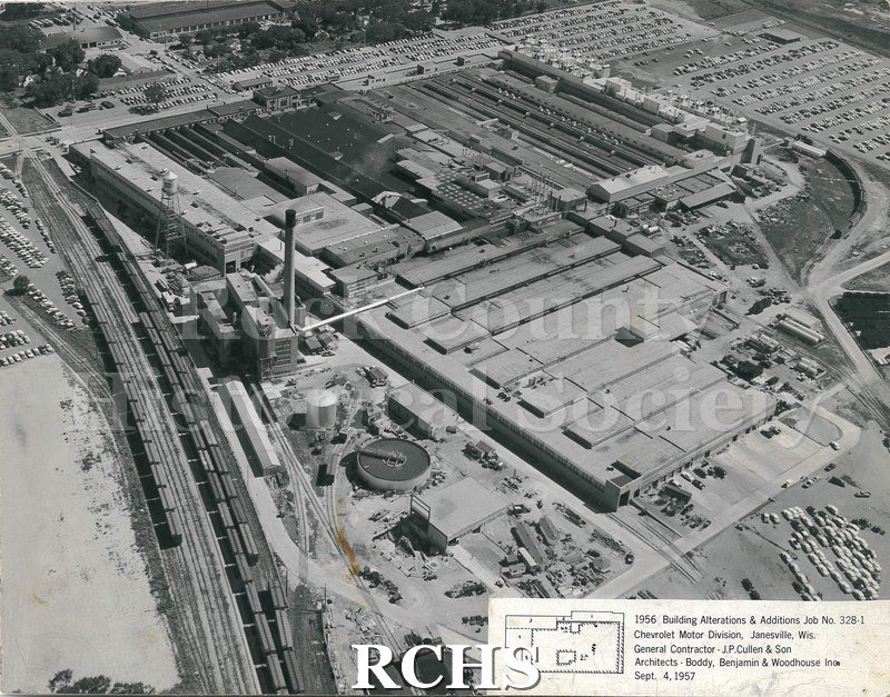 Black and white aerial photograph of the 1956 additions to the Chevrolet side of the General Motors plant in Janesville, facing SE.