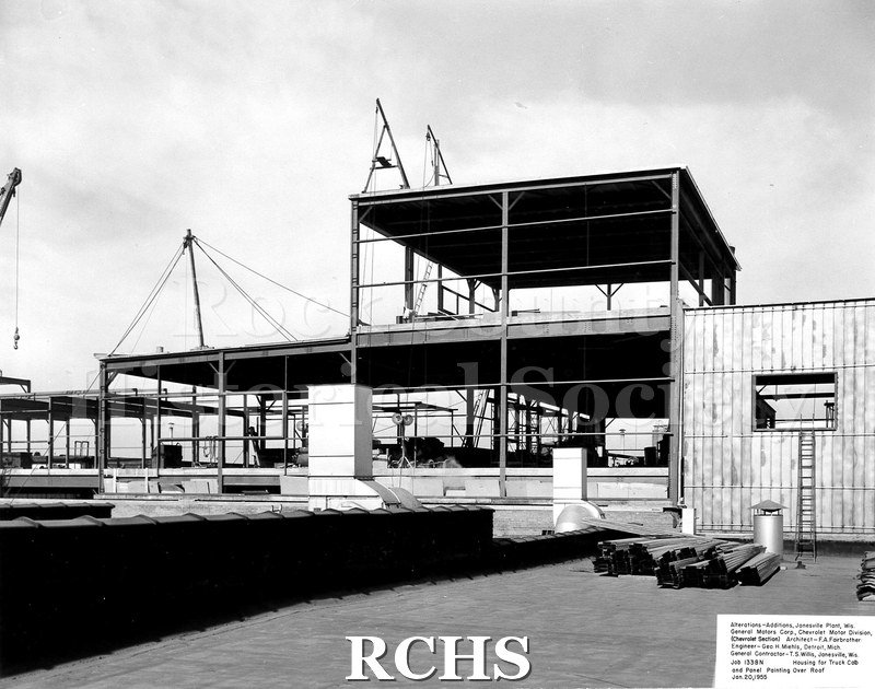 Black and white photograph of the two story shell of the Chevrolet plant. On bottom: "Alterations-Additions, Janesville Plant, Wis.