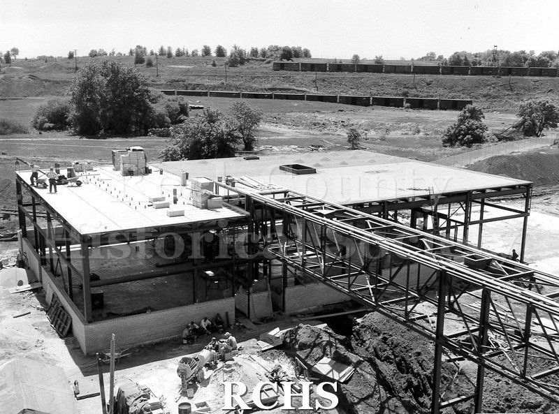 Black and white photograph of the steel outline of the construction taken from above.