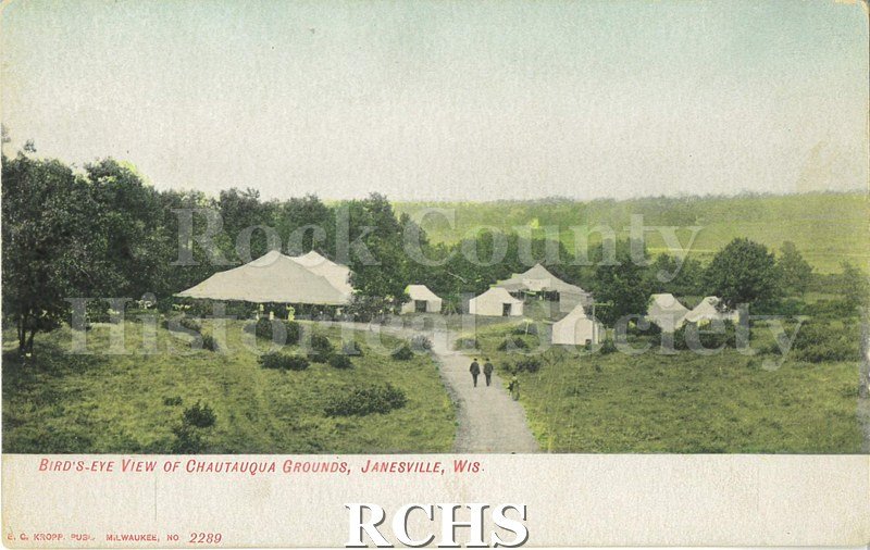Postcard. Tinted image of the Chautauqua Grounds in Janesville.