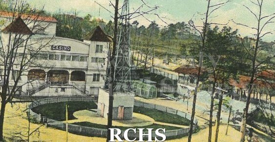Postcard. Tinted image of the casino at Ponce de Leon Park in Atlanta. Postcard is addressed to Mr. Grant Noyes of Janesville and postmarked Mar. 9, 1909.