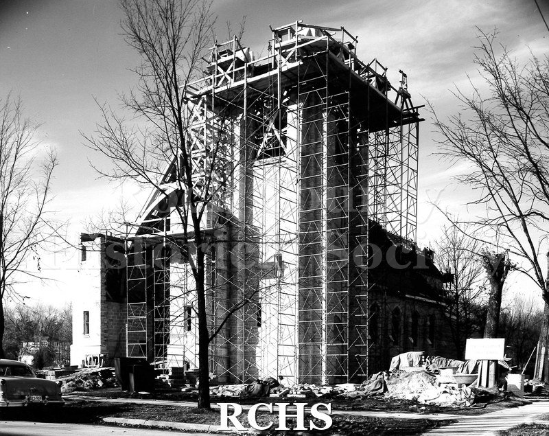 Black and white photograph of scaffolding on the bell tower of St. Paul's Lutheran Church.