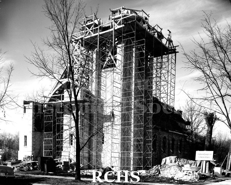 Black and white photograph of scaffolding on the bell tower of St. Paul's Lutheran Church.