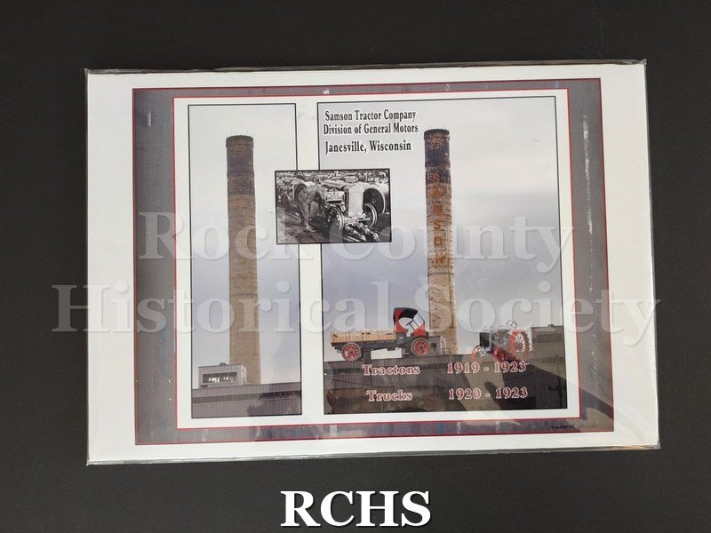 Color photo of the Samson smokestack at the Janesville General Motors plant with superimposed images of a Samson tractor and truck placed adjacent to the smokestack.