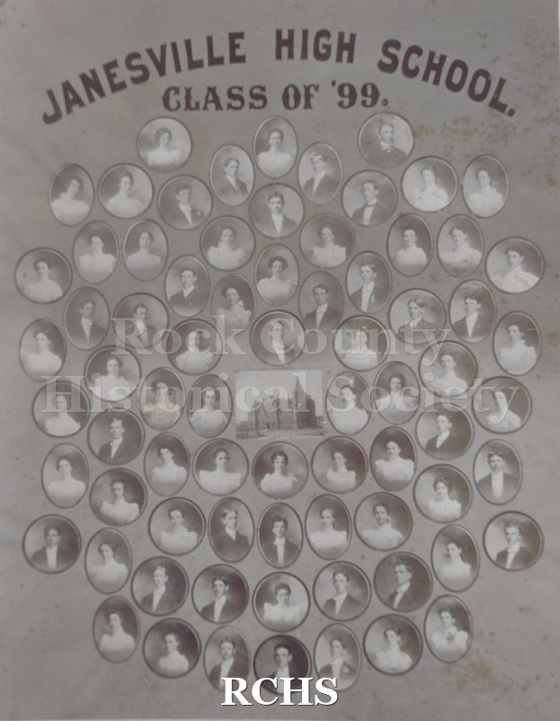 Black and white photograph of Janesville High School Class of '99. Individual photographs of 47 women and 28 men. Some are oval and others round.