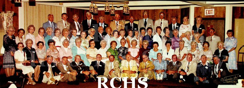 Color photo of the Janesville High School Class of 1932 at their 50th reunion. Reunion was held on July 24, 1982 at Theodore's in Janesville.