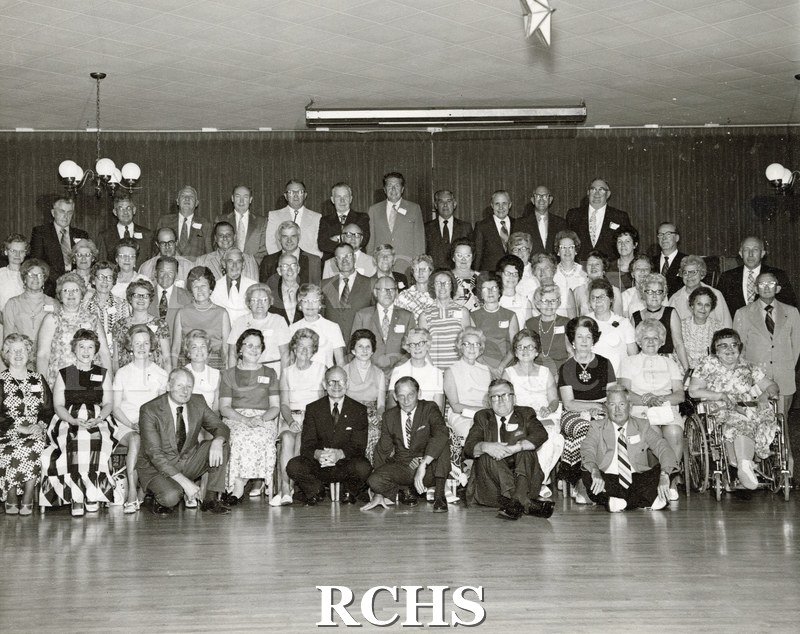 Black and white photograph of the Janesville High School Class of 1932 at their 40th Reunion. The event was held on 29 July 1972 at the Elk's Club.