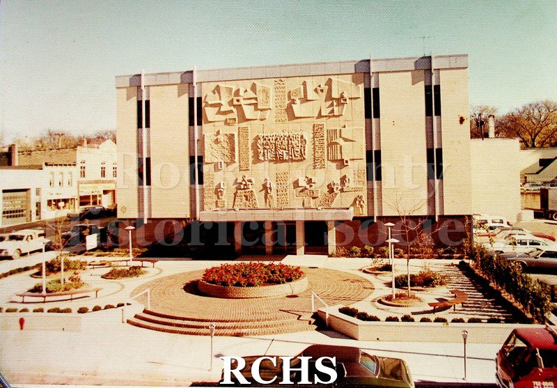 Color photo of the exterior of the Janesville Gazette building in 1972. Photo was taken by Al Wells.