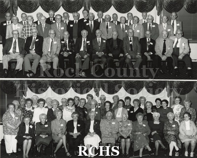 Black and white photograph of a Janesville High School Class of 1936 reunion, c. 1980s - 1990s. All individuals are identified by name and location in photo.