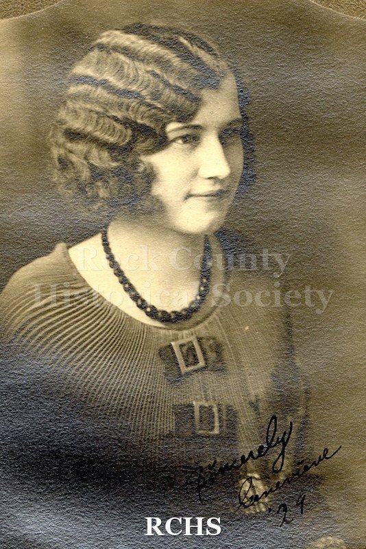Black and white portrait of Genevieve Hudson, a Janesville High School graduate c. 1930.