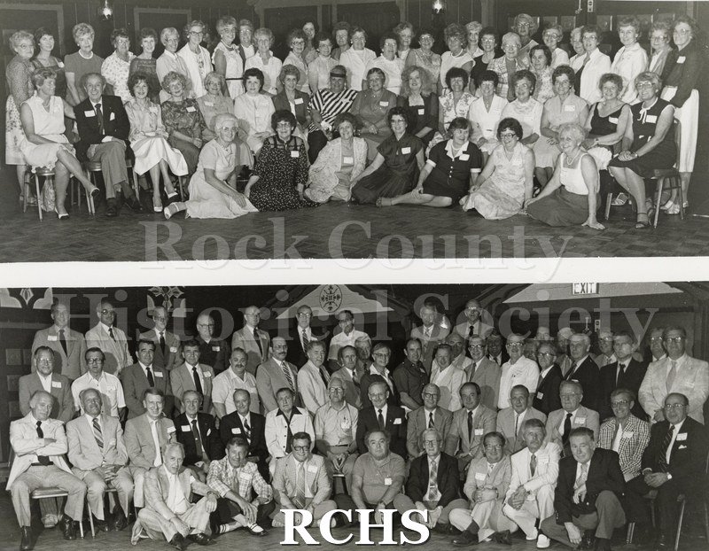 Black and white photograph of the Janesville High School Class of 1942's 35th class reunion, which was held at the Ramada Inn on 2 July 1977.
