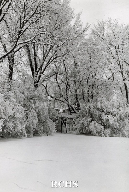 Black and white photograph of Academy Street in the winter of 1952. The ground and trees are covered in snow. Photo was taken at George Kemp Tallman's home.