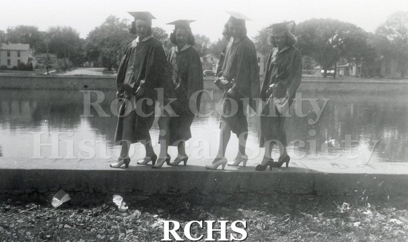 Black and white photograph of Jean McLaughlin with other graduates from Janesville High School.