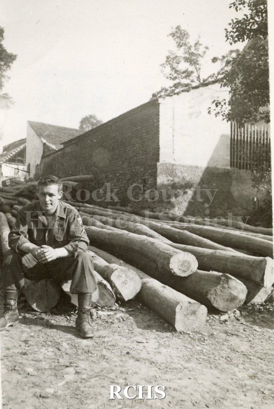 Black and white photograph of an unidentified soldier. Photo was taken by Harvey Thompson (1920 - 1978), who lived at 213 Water Street in Janesville.