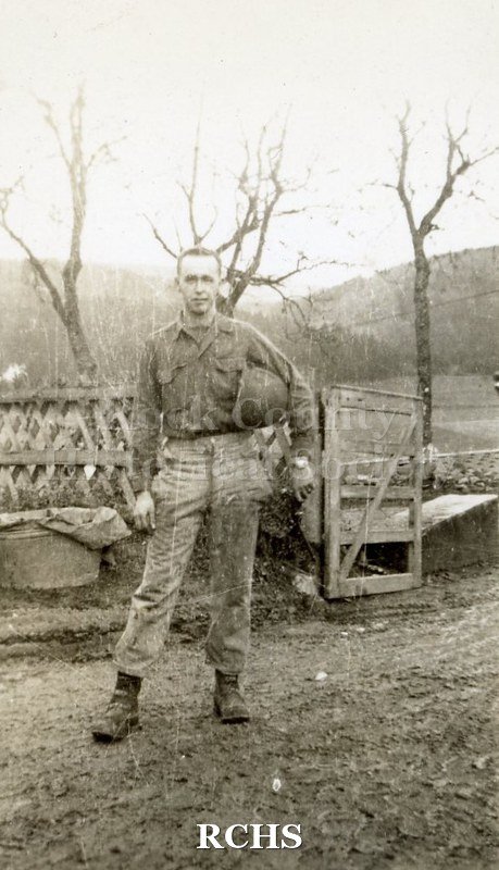 Black and white photograph of an unidentified soldier. Harvey Thompson (1920 - 1978) lived at 213 Water Street in Janesville.