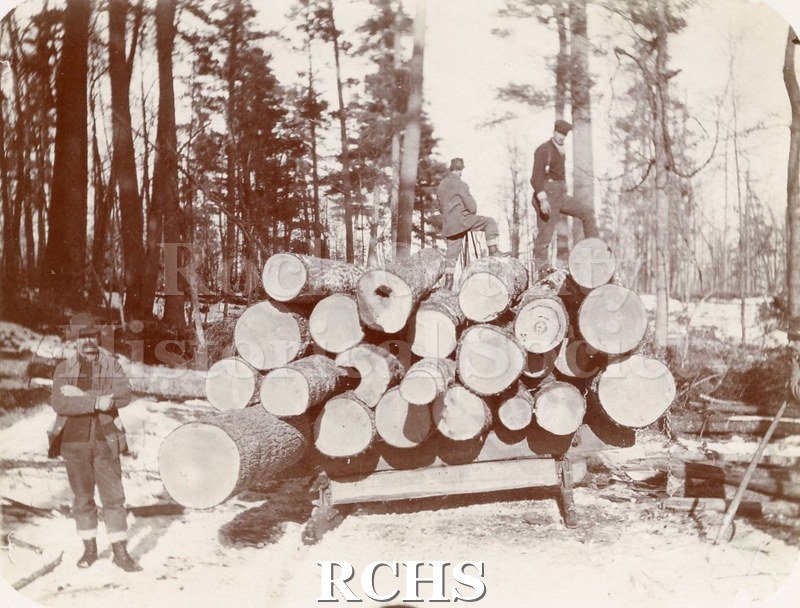 Black and white photograph of a load of logs in a forest loaded on a skid. There are two men standing on top of the logs and one man standing on the road.