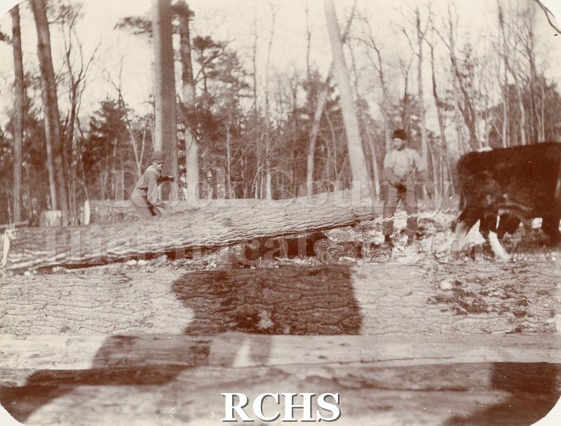 Black and white photograph of two unidentified men working on a log. Photo was taken by George Kemp Tallman.