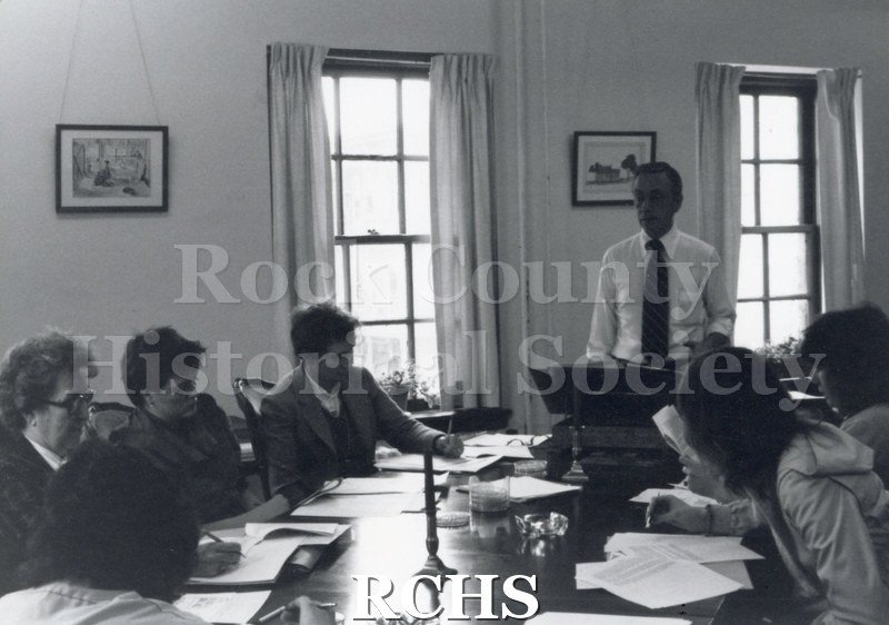 Black and white photograph of Docent Training Session. Shows six people.