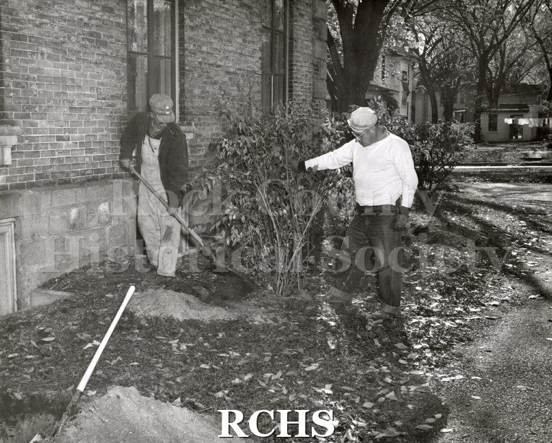 Black and white photograph of two men planting bushes on the Tallman House campus.