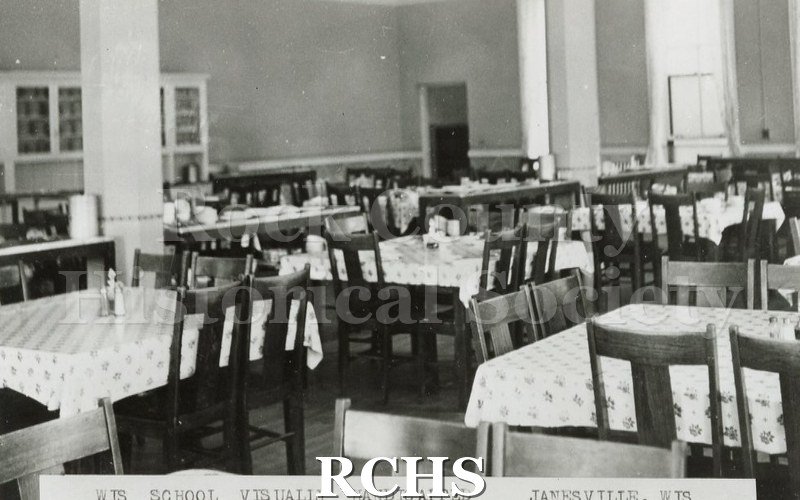 Black and white photograph of Wisconsin School for the Visually Handicapped. Shows the interior of the dining room.