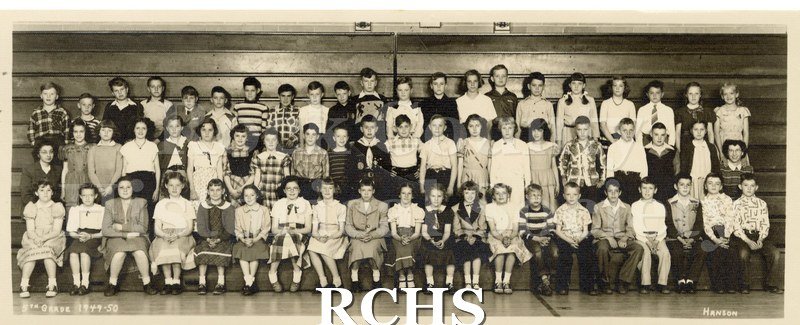 Black and white photograph of Edgerton 5th Grade class, 1949 -1950. Shows boys and girls and teachers on bleachers.