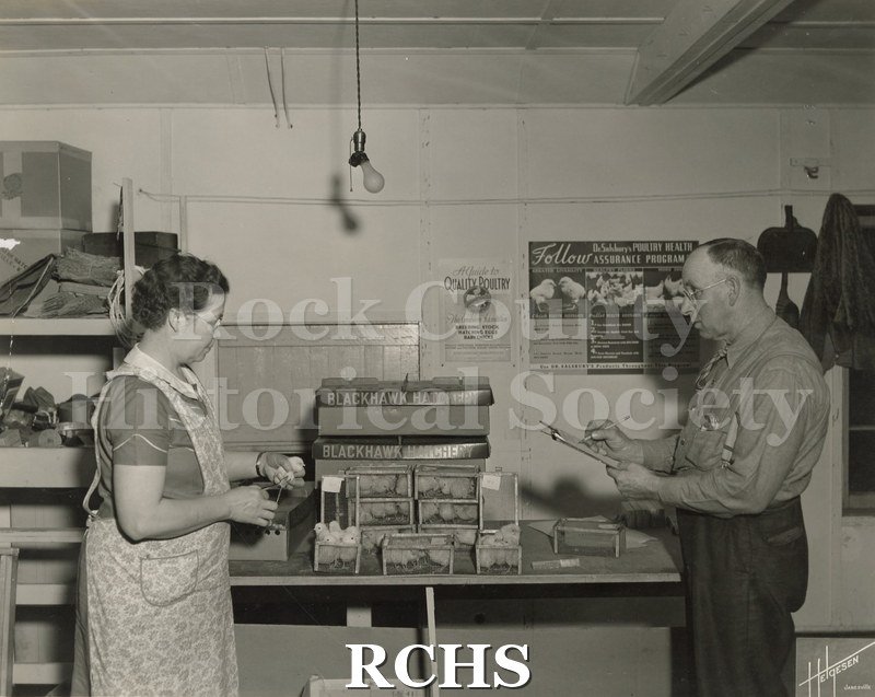 Black and white photograph of Blackhawk Hatchery interior. Man on right with light colored shirt, suspenders, tie and darker pants holding clipboard and pencil up.