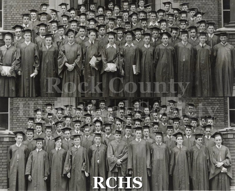 Black and white photograph of Janesville High School boys 1941. Two images of different groups of men in cap and gown standing on steps of brick building.