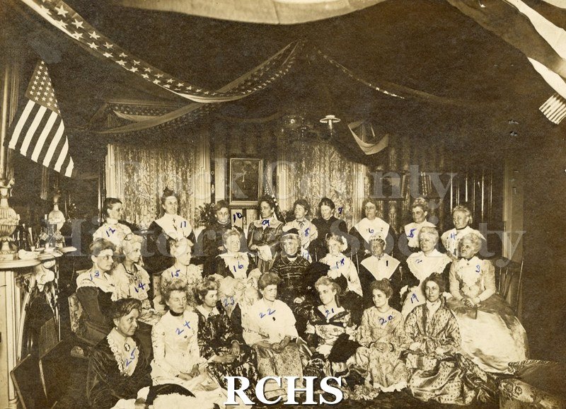 Black and white photograph of Daughters of the American Revolution Janesville Chapter meeting at Mrs. Mary Lappin's house. Dated February 22, 1906.