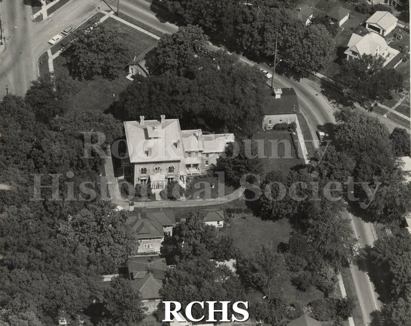 Black and white photograph of an aerial view of the Tallman historic site.