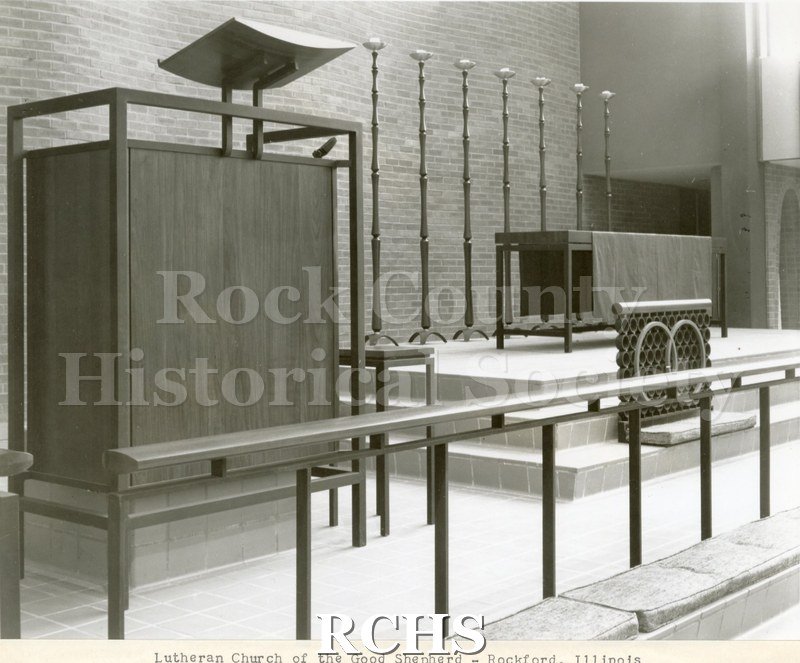 Black and white photograph of the interior of Lutheran Church of the Good Shepherd, Rockford, IL, showing the altar area.