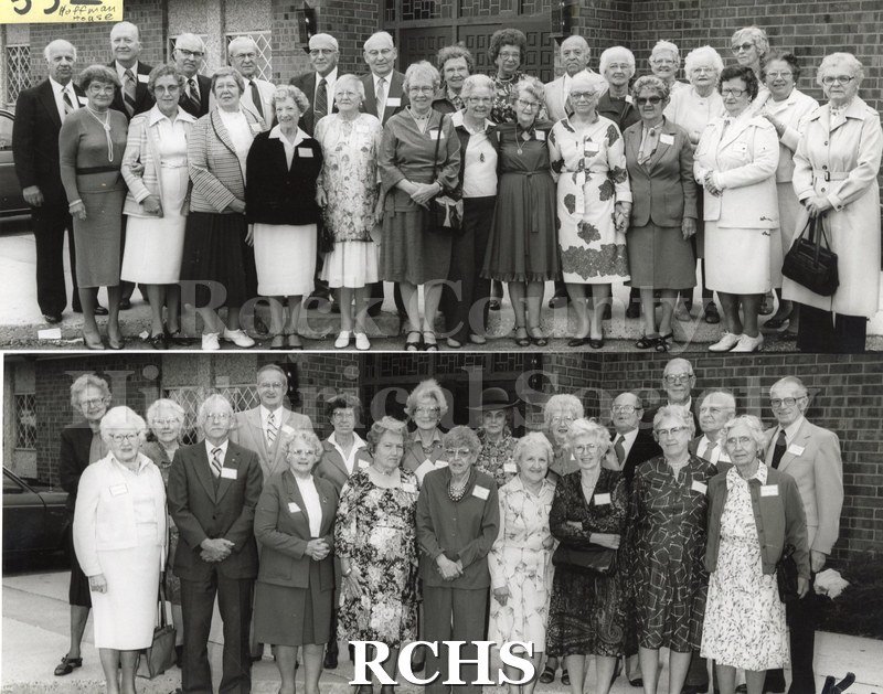 Black and white photograph of Janesville High School class of 1927's 55th reunion (1982) at Hoffman House.