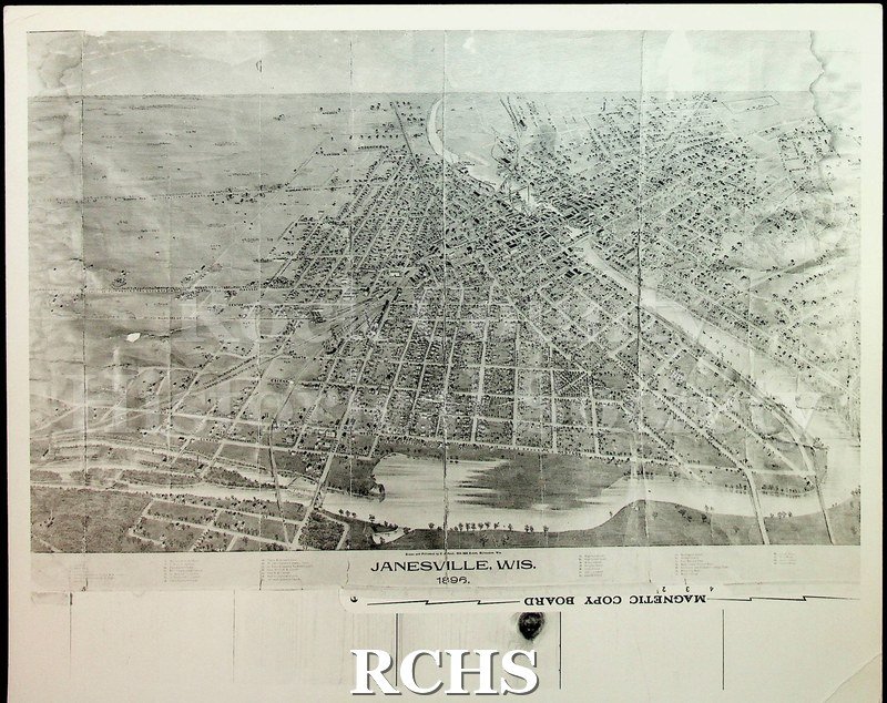 Black and white aerial view of Janesville, Wisconsin c. 1896.