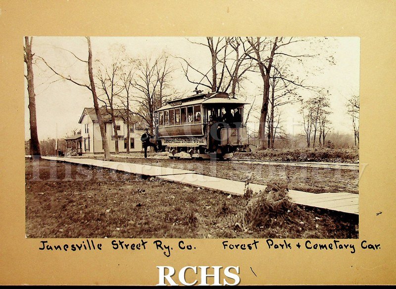 Black and white photograph of Janesville Street Ry. Co. Forest Park and Cemetary car.