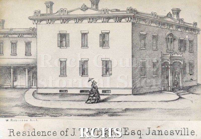 Black and white photograph of Wright-Amato House. This is a drawing of a two story building with two women on the sidewalk. On bottom: "Residence of J. T.