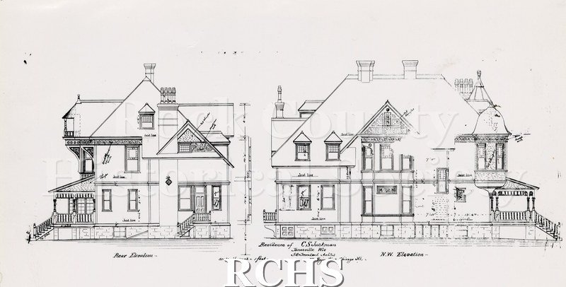 Black and white photograph of the residence of C. S. Jackman, Janesville, WI. This is an architectural drawing of a two story house, showing rear elevation and N.W.
