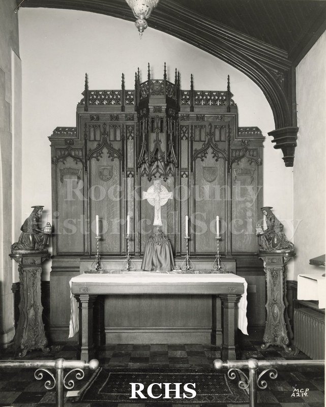 Black and white photograph of the interior of All Saints Cathedral Chapel, Milwaukee, WI, showing the altar area.