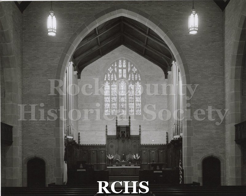 Black and white photograph of the interior of First Methodist, Ada, OK, showing the altar area.