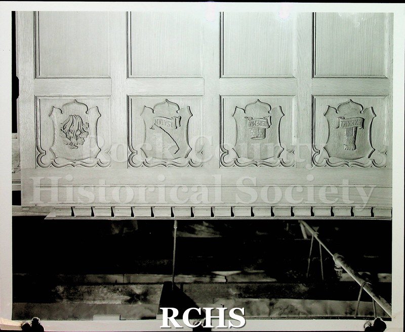 Black and white photograph of a section of a framework of altar furniture made by Ossit Furniture. Section is in the factory. MCP 8695.