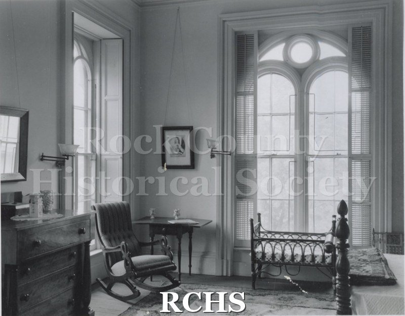 Black and white photograph of Mrs. Talllman's Chamber in the Tallman House.