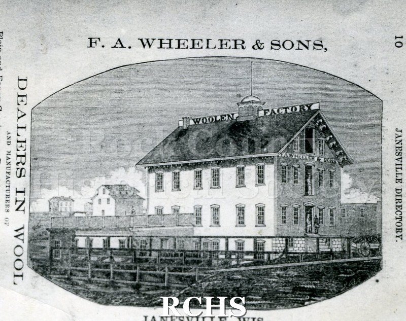 Black and white photograph of F. A. Wheeler & Sons Woolen Factory card. On top it reads: "F. A.