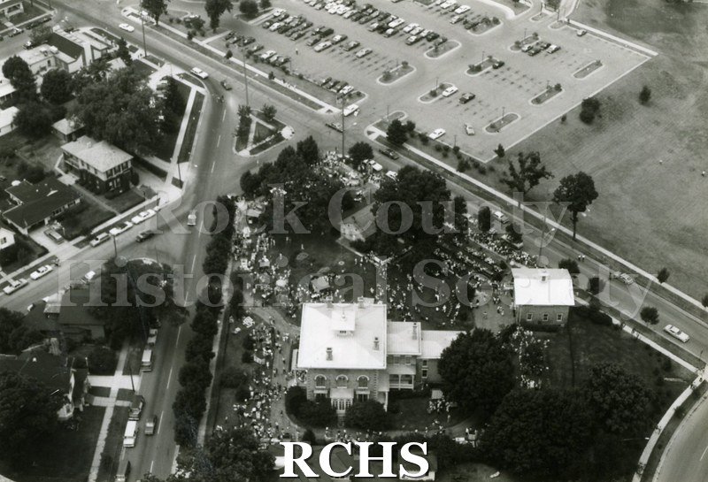 Black and white aerial photograph of the1983 Tallman Festival. N83014 Strip.
