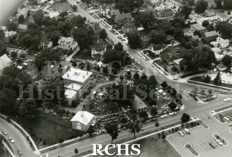 Black and white aerial photograph of the 1983 Tallman Festival. N83014 Strip.