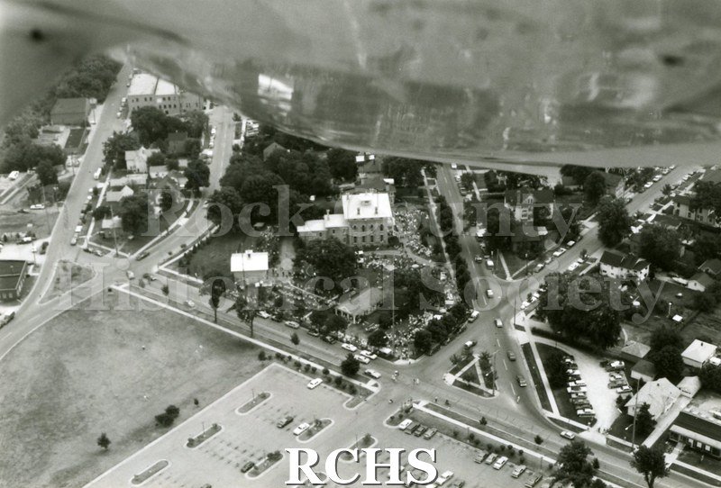 Black and white aerial view of the 1983 Tallman Festival. N83014 Strip.