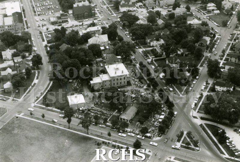 Black and white aerial view of the 1983 Tallman Festival. N83014 Strip.