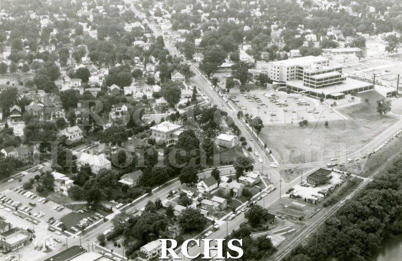 Black and white aerial view of the 1983 Tallman Festival. N83014 Strip.