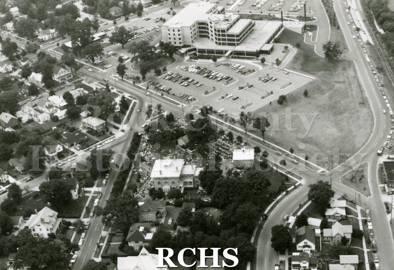 Black and white aerial view of the 1983 Tallman Festival. N83014 Strip.