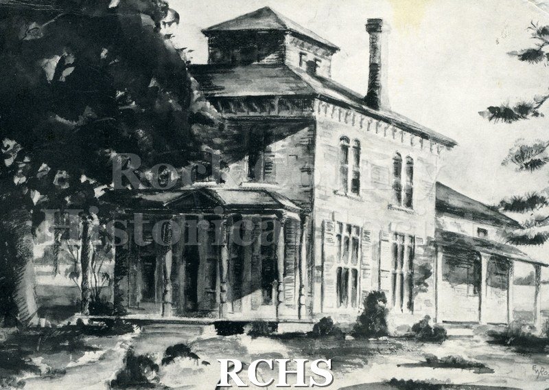 Black and white photograph of a drawing of Carrie Jacobs Bond's birthplace, a two story house with a cupola on top and a chimney.