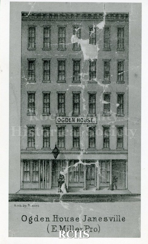 Black and white photograph of the Ogden House, Janesville. It is a drawing, showing a five story building with the name "Ogden House" on the facade.