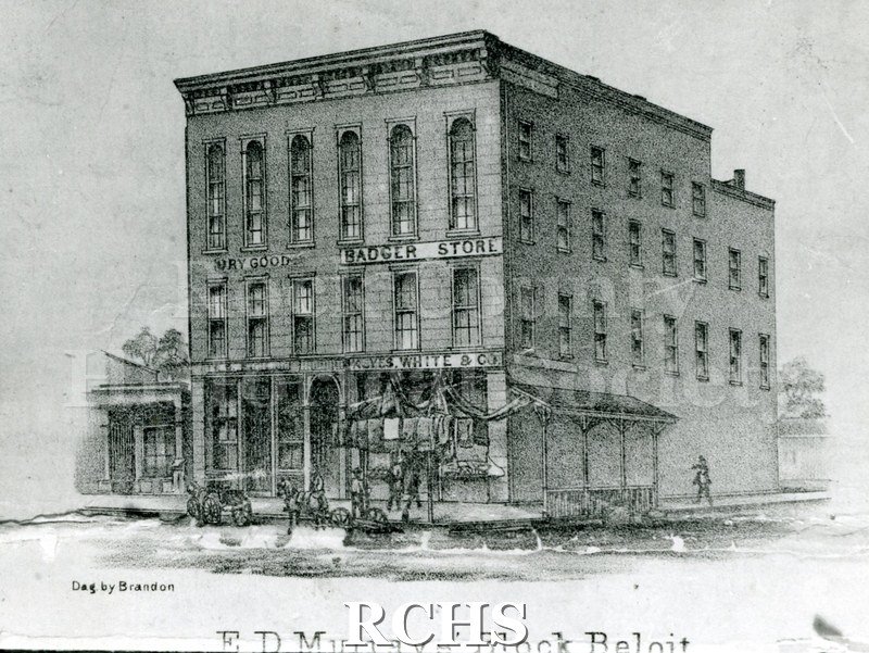 Black and white photograph of a drawing of the E. D. Murray's Block, Beloit, a three story building with names on the facade.